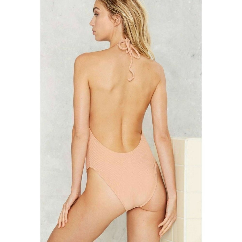 Nasty Gal Womens Nude Ribbed Bohemian Rhapsody Halter Swimsuit Size XS $78 - Picture 3 of 4